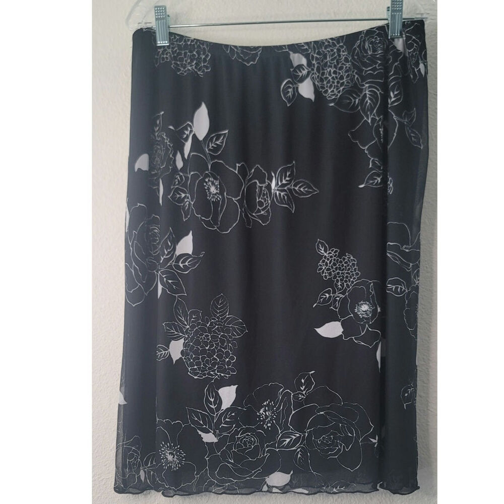 Ingredients Vintage Black Floral Chiffon Midi Skirt Paper Tag USA Made Size XL